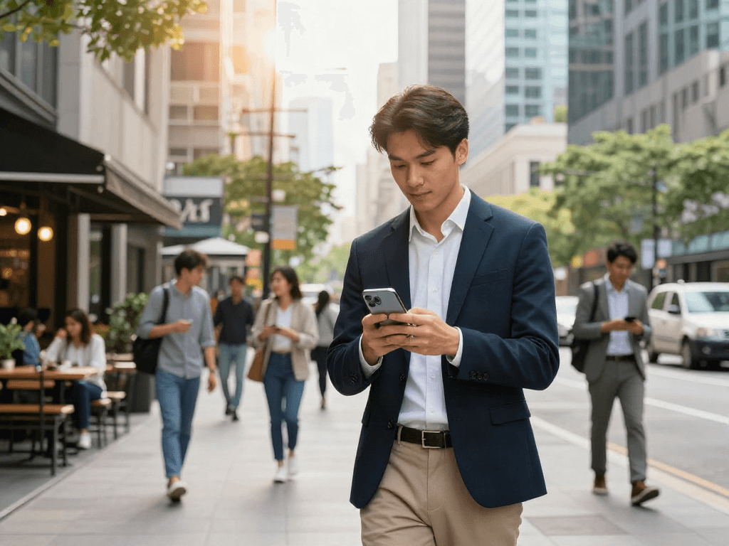 Youthful professional interacts with the rokok88 app in a vibrant city setting, embodying modern urban lifestyle.