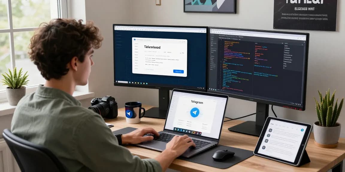 Experience seamless Telegram Download in a modern tech workspace with coding elements and productivity tools.