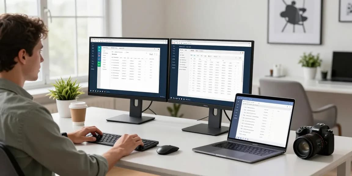Download WPS Office on a modern workspace with dual monitors and productivity tools.