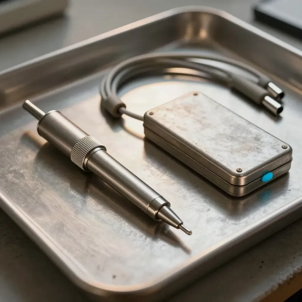 Top-down diagnostic probe, coiled ECG lead bundle, and sealed metal cassette on brushed metal.