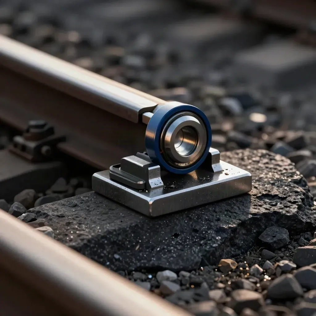 Steel rail clip, bearing race and gauge block on basalt with soft rim light
