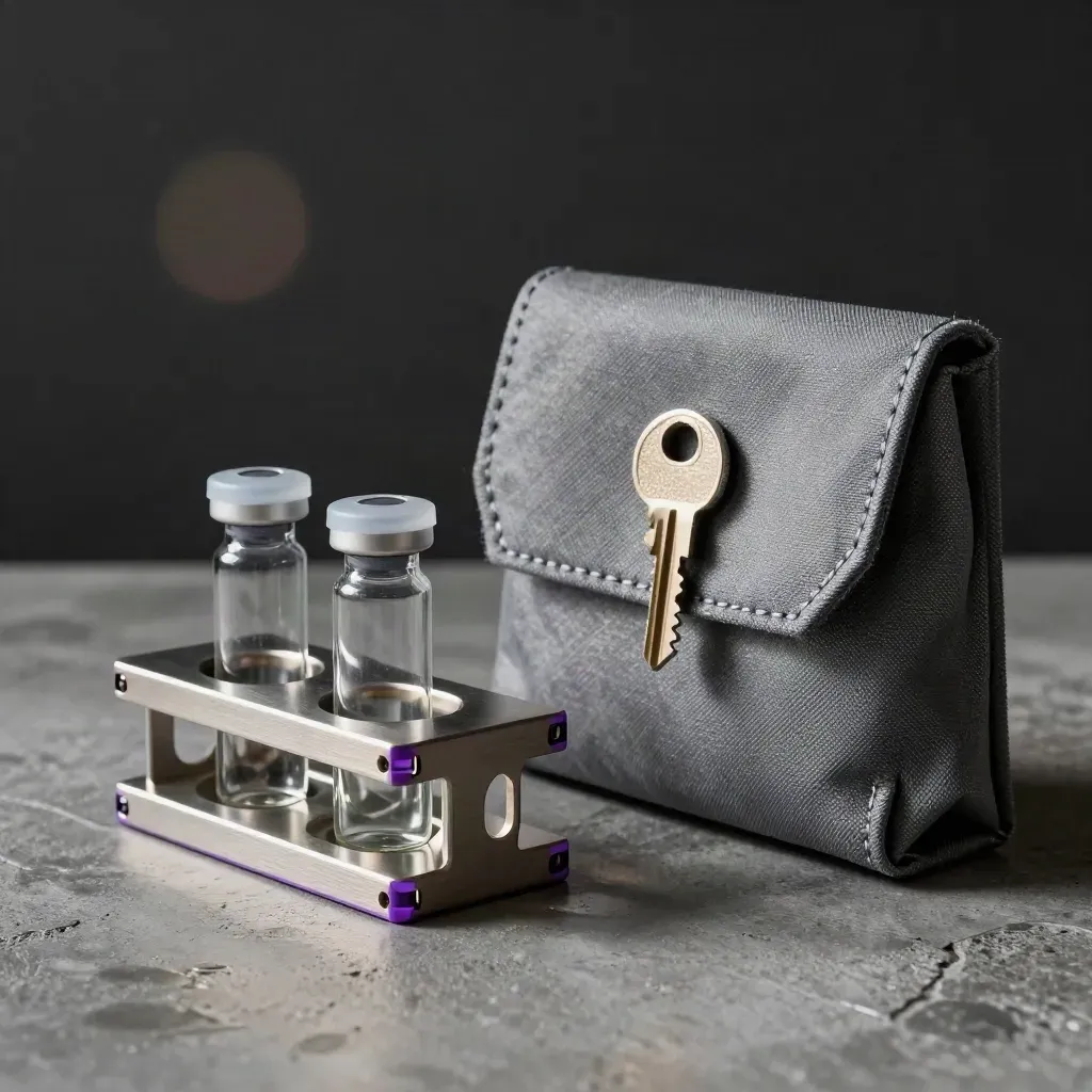 Cryovials in anodized rack beside a folded sample case on cool concrete, lit dramatically.