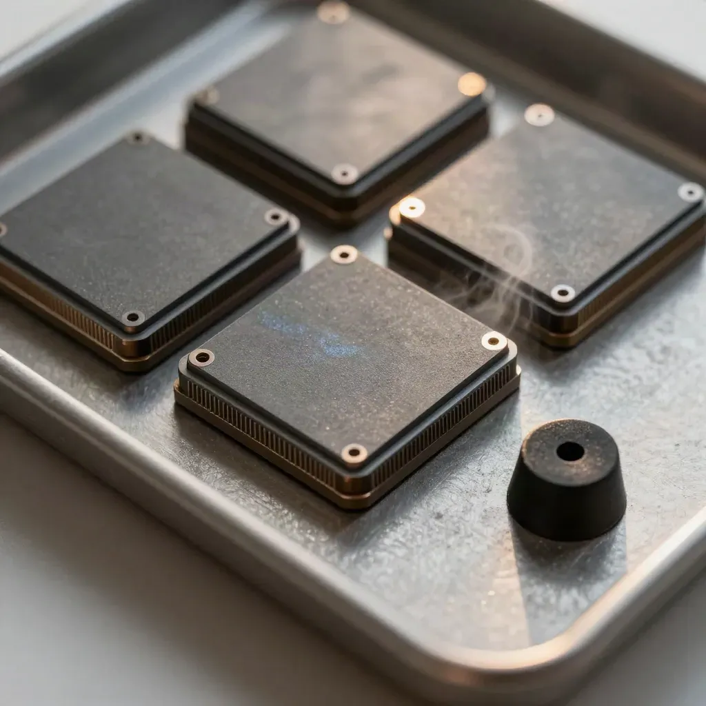 Wafer carriers, antistatic tray and ceramic puck in an extreme macro flat lay.