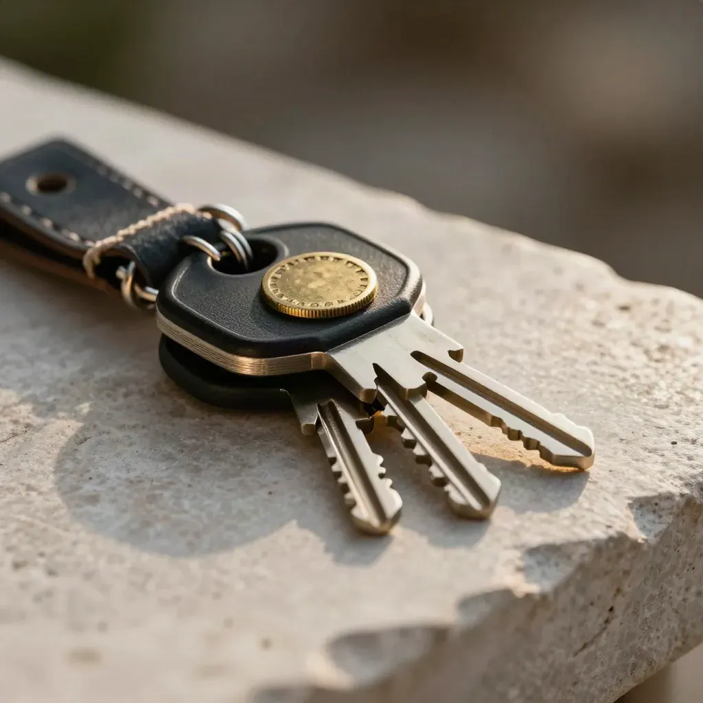 Security key, brass seal, and vault key on pale stone in dramatic macro.