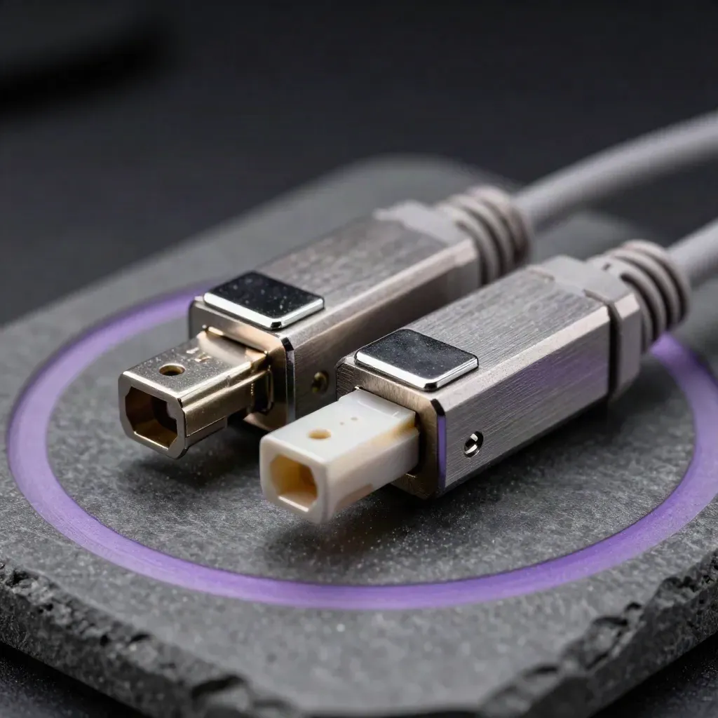 Fiber-optic transceivers, patch cable, and ferrule on graphite stone under dramatic studio light.