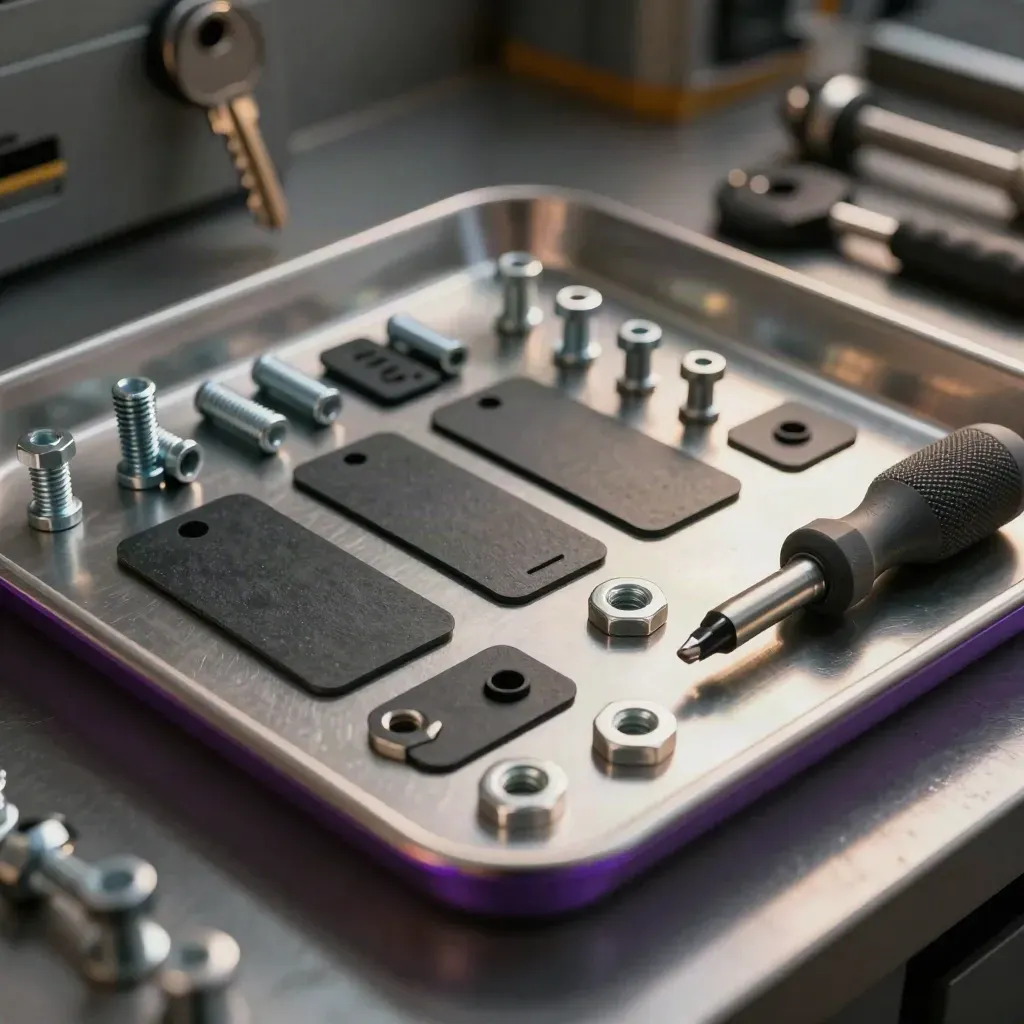 Top-down industrial still life of RFID tags, fasteners, and a torque driver on brushed steel.