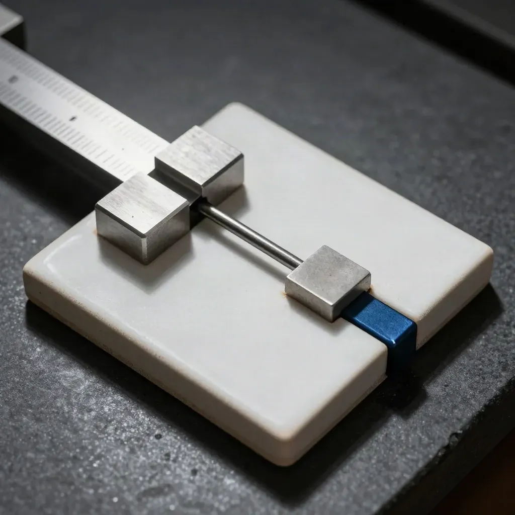Overhead macro of a ceramic calibration tile, gauge blocks and graphite spacer on a dark bench.