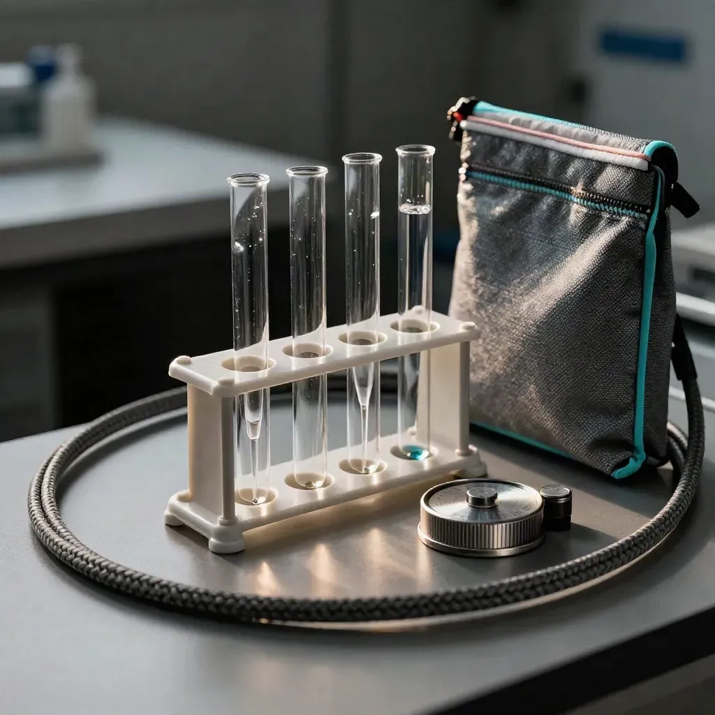 Pipette rack, antistatic pouch, and calibration weights seen through braided cable.