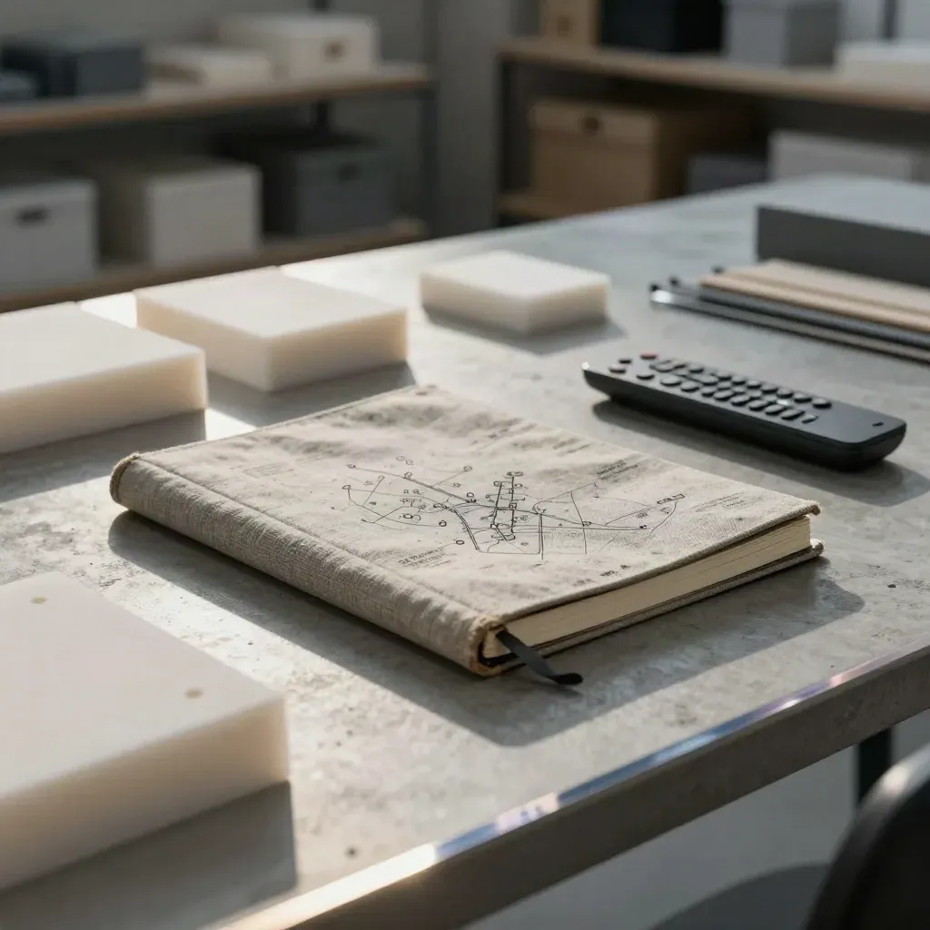 Overhead launch-review still life with notebook, foam blocks, remote and acrylic edge.