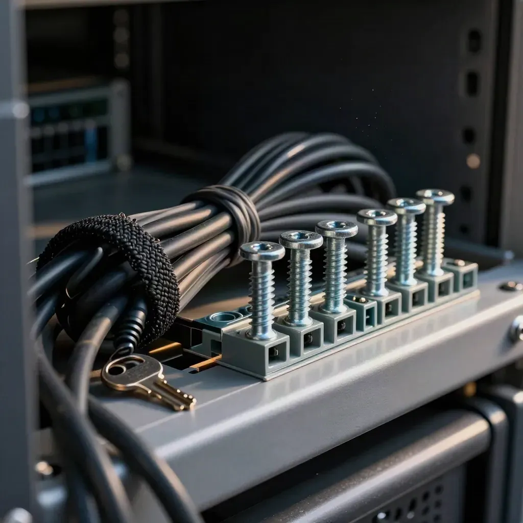 Rack screws, cable loom and DIN-rail bridges bundled on a server cabinet lip, seen through dark cable