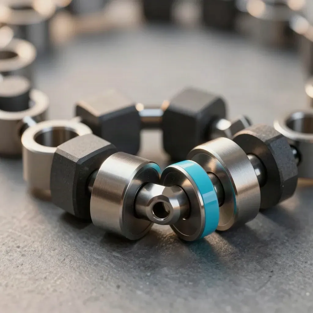 Machined rings, blocks, and connector pins locking together on stone-grey metal with a cyan accent