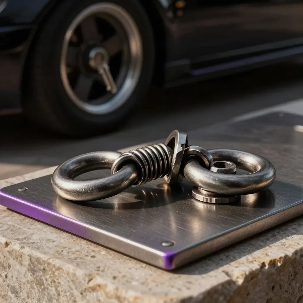 Linked rings, a spring coupler and hex spacers on brushed steel under dramatic studio light.