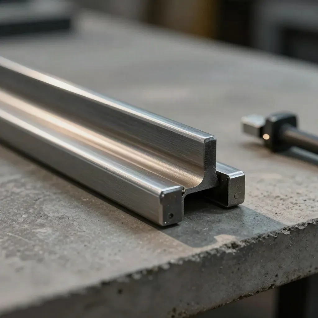 Macro of precision dovetail rails and a cable keeper snapping together on concrete.