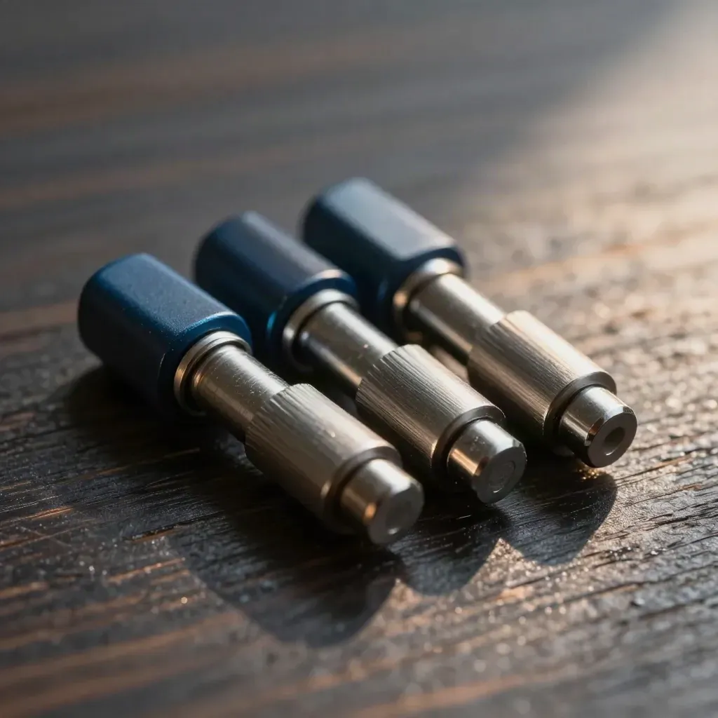 Close-up of linked ferrules and bridge tabs on charcoal wood with blue accent.