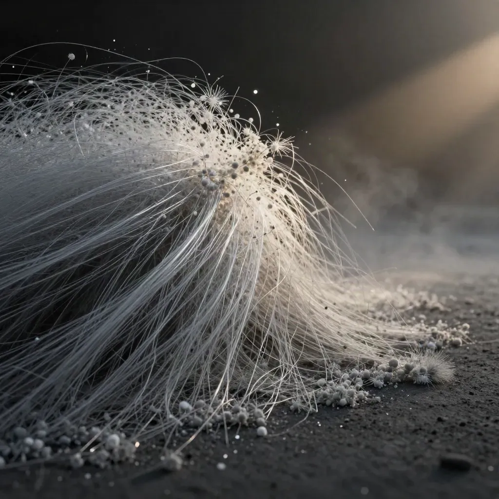 Abstract silver filaments converging into a soft white bloom in dark graphite haze.